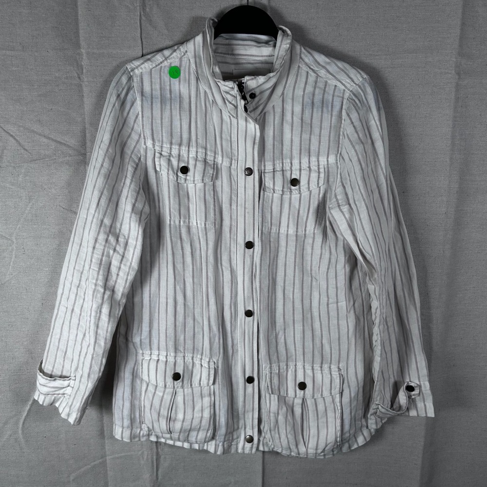 Artisan NY Womens Small White Gray Striped 100% Linen Zip Snap Utility Jacket